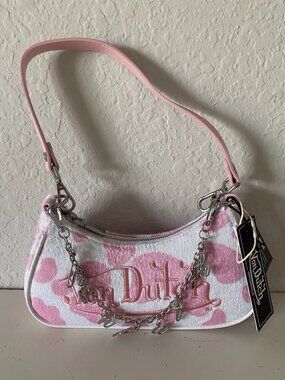 Von Dutch Vegan Pony Hair Pink Cow Print Shoulder Bag W/Charms NEW